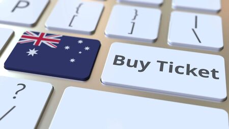 BUY TICKET text and flag of Australia on the buttons on the computer keyboard. Travel related conceptual 3D renderingの写真素材