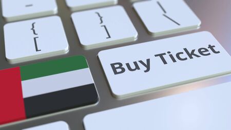 BUY TICKET text and flag of the United Arab Emirates UAE on the buttons on the computer keyboard. Travel related conceptual 3D renderingの写真素材