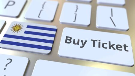 BUY TICKET text and flag of Uruguay on the buttons on the computer keyboard. Travel related conceptual 3D renderingの写真素材