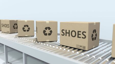 Cartons with shoes on roller conveyor. 3D renderingの写真素材