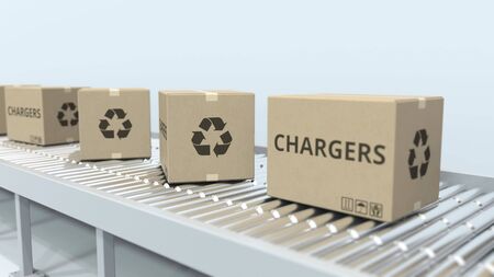 Cartons with chargers on roller conveyor. 3D renderingの写真素材