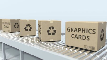 Cartons with graphics cards on roller conveyor. 3D renderingの写真素材