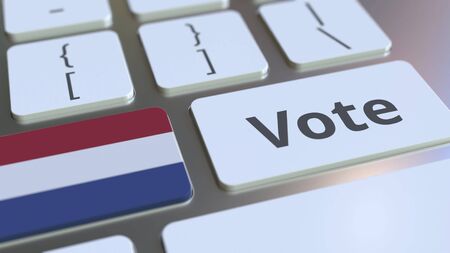 VOTE text and flag of the Netherlands on the buttons on the computer keyboard. Election related conceptual 3D renderingの写真素材