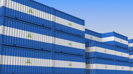 Container terminal full of containers with flag of Nicaragua. Nicaraguan export or import related 3D renderingの写真素材