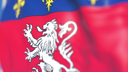 Flying flag of Lyon, a city in France. Close-up, 3D renderingの写真素材