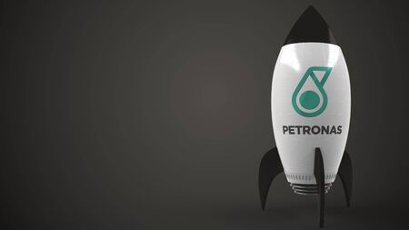 Logo of PETRONAS on a toy rocket. Editorial conceptual success related 3D rendering