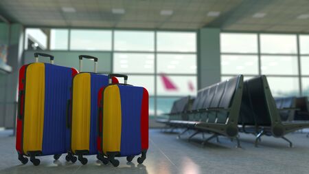 Travel suitcases with flag of Armenia. Armenian tourism conceptual 3D renderingの写真素材