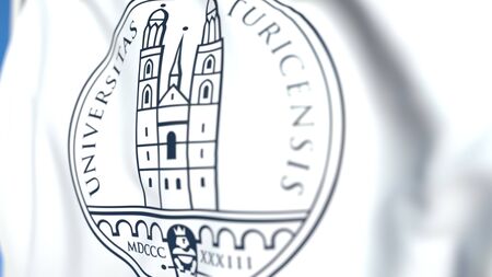 Flying flag with University of Zurich emblem, close-up. Editorial 3D renderingのeditorial素材