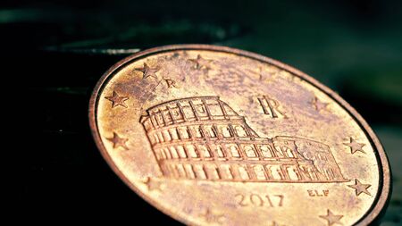 Famous Roman Colloseum on Italian 5 Euro cents coin, macro shotの写真素材