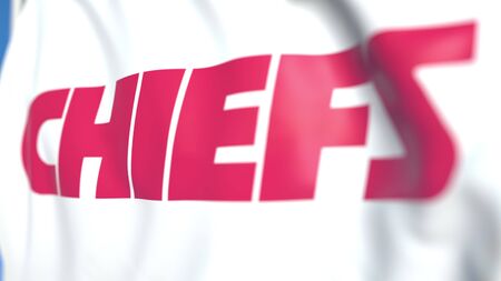 Waving flag with Kansas City Chiefs team logo, close-up. Editorial 3D rendering