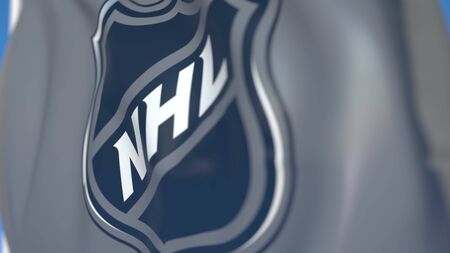 Waving flag with NHL logo, close-up. Editorial 3D rendering