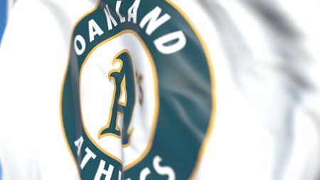 Flying flag with Oakland Athletics team logo, close-up. Editorial 3D renderingのeditorial素材