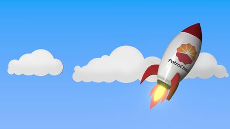 Logo of PETROCHINA on a flying rocket. Editorial success related 3D renderingのeditorial素材