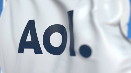 Flying flag with AOL logo, close-up. Editorial 3D rendering