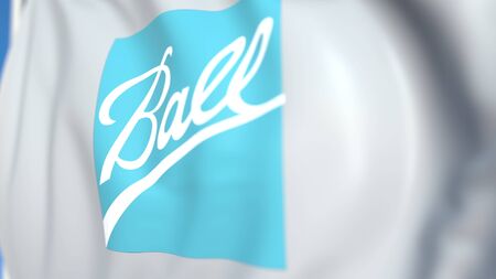 Flying flag with Ball Corporation logo, close-up. Editorial 3D renderingのeditorial素材