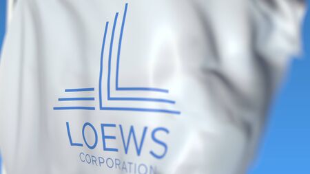 Flying flag with Loews Corporation logo, close-up. Editorial 3D rendering