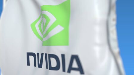 Waving flag with Nvidia logo, close-up. Editorial 3D rendering