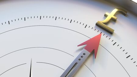 Compass arrow turns towards GBP Pound Sterling symbol. Forex indicator, financial consulting or British investment related conceptual 3D renderingの写真素材