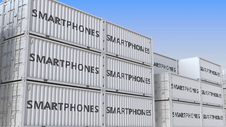 Containers with smartphones. 3D rendering