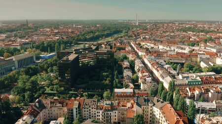 MUNICH, GERMANY - SEPTEMBER 19, 2019. Aerial shot of the European Patent Office EPO within cityscapeのeditorial素材