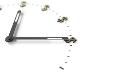 Hand pointing at dollar symbols on white clock face. Investment related conceptual 3D rendering