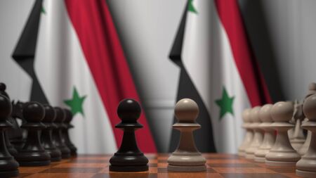 Flags of Syria and Syria behind pawns on the chessboard. Chess game or political rivalry related 3D renderingの写真素材
