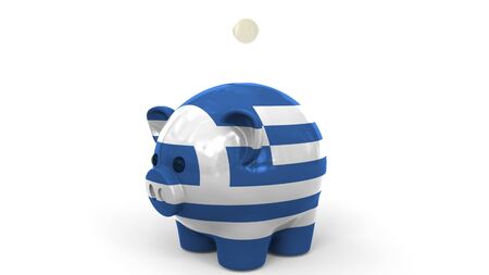 Coins fall into piggy bank painted with flag. Conceptual 3Dの写真素材