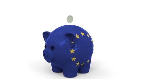 Coins fall into piggy bank painted with flag. Conceptual 3Dの写真素材