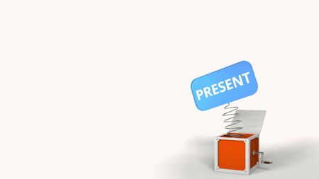 Jack-in-the-box with PRESENT text on the popping plate. 3D renderingの写真素材