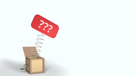 Jack-in-the-box with question marks on the popping plate. 3D rendering