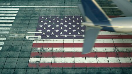 Aerial view of a landing airliner and flag of the United States on the airfield of an airport. Air travel related conceptual 3D renderingの写真素材