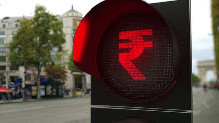 Rupee sign on red traffic light signal. Forex related conceptual 3D renderingの写真素材