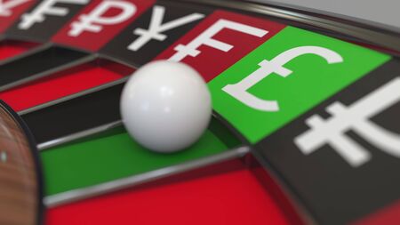 Ball in Pound Sterling sign pocket on casino roulette wheel. Conceptual 3D renderingの写真素材