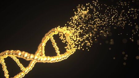 Flying particles make golden DNA molecule model. Conceptual 3D renderingの写真素材