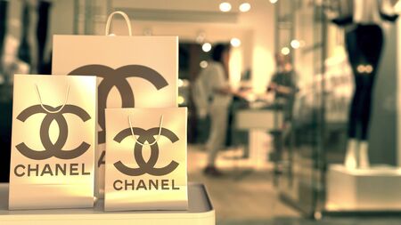 Shopping bags with Chanel logo. Editorial shopping related 3D renderingのeditorial素材