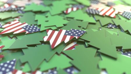 Flag on the cardboard Christmas trees. Winter holidays related 3Dの写真素材