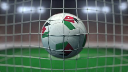 Flag on the football hitting goal net. Realistic 3Dの写真素材