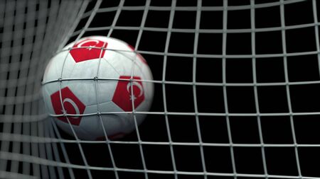 Flag on the football hitting goal net. 3Dの写真素材
