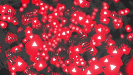 Many logos of YOUTUBE. Editorial 3D rendering background