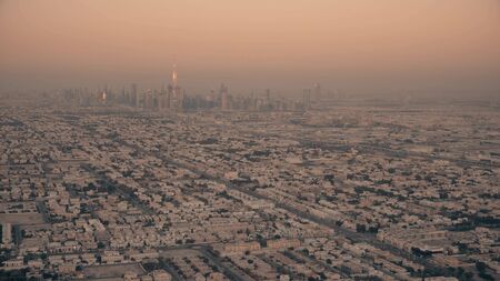 Aerial view of Dubai skyline in the evening
