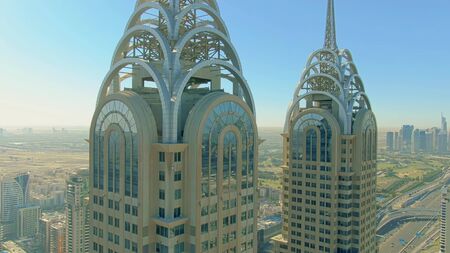 DUBAI, UNITED ARAB EMIRATES - DECEMBER 26, 2019. Aerial view of Business Central Towers within Dubai...