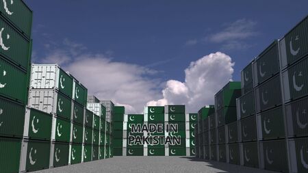 Many cargo containers with MADE IN PAKISTAN text and national flags. Pakistani import or export...
