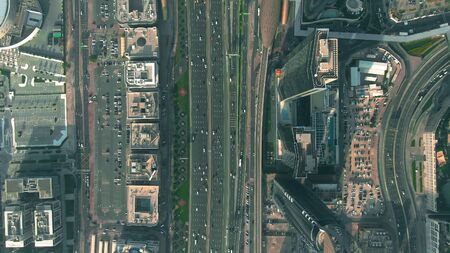 Aerial top down shot of Sheikh Zayed Road in Dubai Downtown, UAE