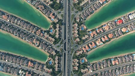 Aerial view of the famous Palm Jumeirah artificial archipelago in Dubai, UAEの写真素材