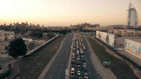 DUBAI, UNITED ARAB EMIRATES - DECEMBER 25, 2019. Aerial shot of congested traffic near Madinat...
