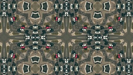 Kaleidoscopic effect, aerial top down view of a busy city road traffic