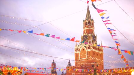 Spasskaya Tower of the Moscow Kremlin behind New Year and Christmas decoration on the Red Squareの写真素材