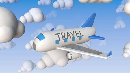Toy airliner with TRAVEL text flies between cloud mockups, conceptual 3D rendering