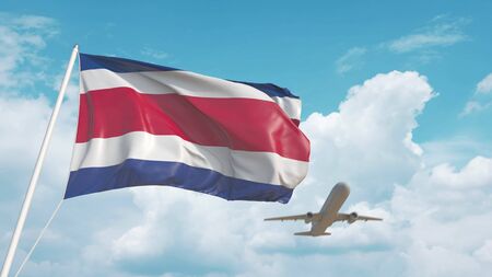 Plane arrives to airport with national flag of Costa rica. Costa rican tourism. 3D renderingの写真素材
