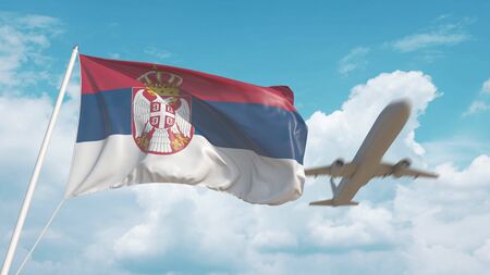 Airliner approaches the national flag. Tourism related 3Dの写真素材